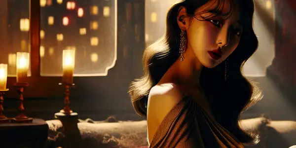 Yeon Jeong-ha in an intimate, dimly lit room, exuding mystery and sophistication amidst classic film elements.