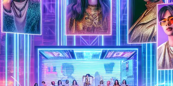 A vibrant digital scene featuring diverse performers in bold poses, surrounded by neon lights and interactive chat elements.