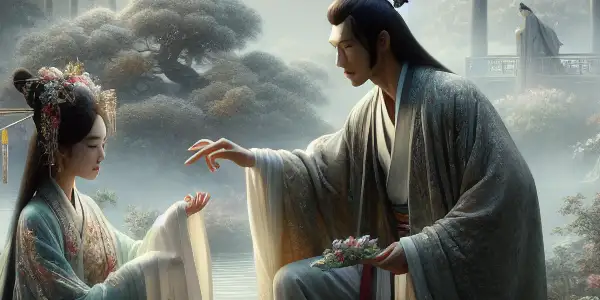 A couple shares an intimate moment in a lush Tang Dynasty garden, surrounded by vibrant flowers and traditional architecture.