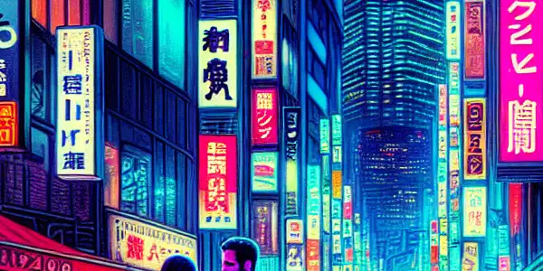 A vibrant Tokyo street at night, alive with neon lights and adult film culture, showcasing urban excitement and allure.
