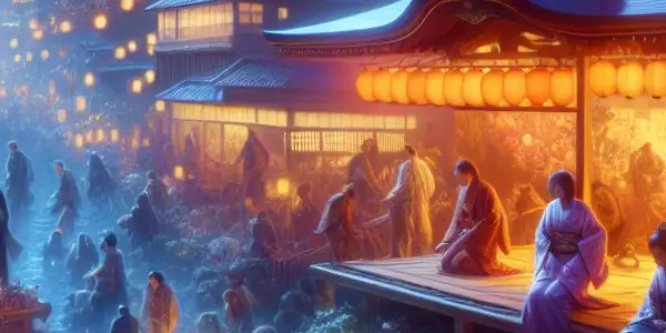 A vibrant scene depicting diverse emotions in Japanese AV cinema, blending passion, intimacy, and cultural elements.