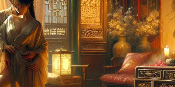 A couple shares an intimate moment in a lavish traditional Chinese room, surrounded by symbols of desire and elegance.