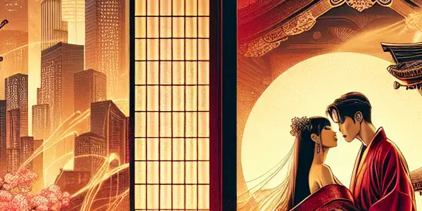 A passionate couple in a luxurious Japanese setting, blending traditional and modern elements, surrounded by cherry blossoms and soft lantern light.