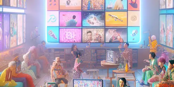 A whimsical, colorful room with diverse characters laughing at humorous parodies of adult films on multiple screens.