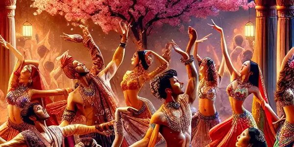 A vibrant scene blending Indian and Japanese cultures, featuring dancers in colorful costumes amidst ornate architecture and cherry blossoms.