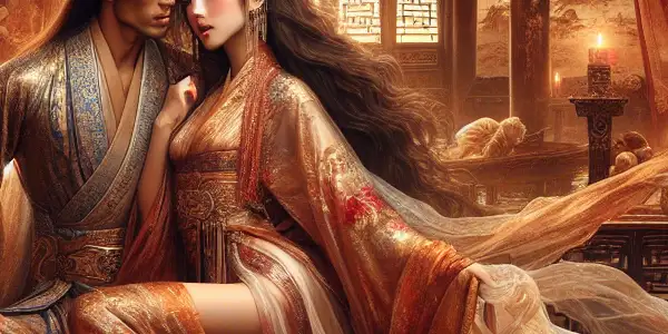 A romantic couple embraces in an ornate, traditional Chinese room, surrounded by rich colors and delicate fabrics.