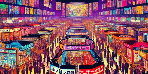 A vibrant exhibition hall bustling with diverse attendees exploring adult entertainment booths and live performances.