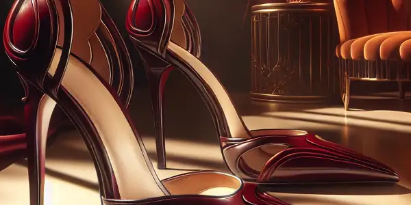 A luxurious pair of high-heeled shoes showcased in a glamorous, dimly lit adult film set.