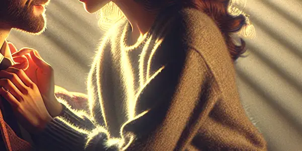 A cozy, intimate room with two characters sharing a tender moment, highlighting emotional connection and warmth.