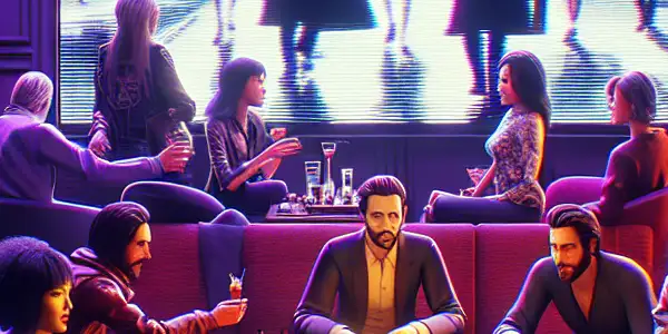 A lively group of diverse film enthusiasts engaging around a glowing screen showcasing Japanese adult cinema clips.