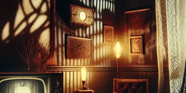 A dimly lit room featuring a mysterious figure, vintage television, and seductive elements embodying horror and erotic tension.