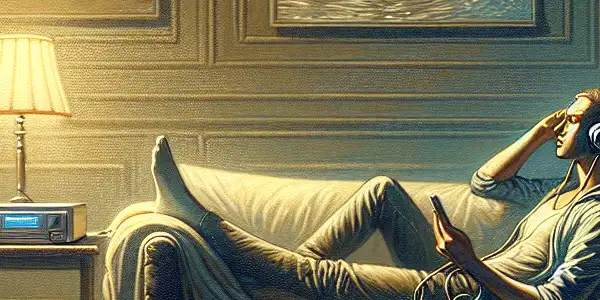 A cozy, dimly lit room featuring an individual enjoying an intimate audio experience on a plush sofa.