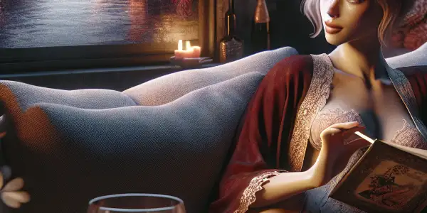 A woman relaxes on a velvet sofa, captivated by a romantic film in a softly lit, intimate setting.
