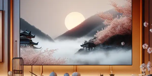 A stylish living room with ambient lighting, featuring a blurred Japanese AV film and cultural decor elements.