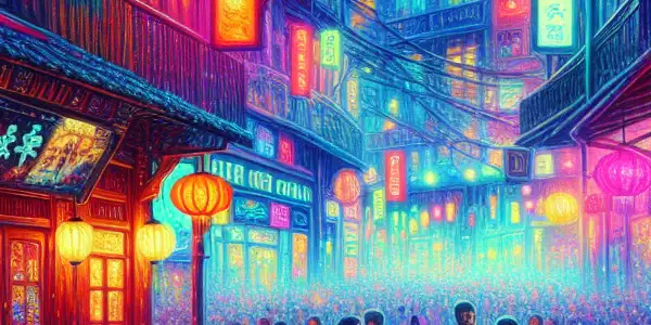 Vibrant nighttime scene of Phan Vu Old Street, bustling with patrons, neon lights, and an inviting bar showcasing adult films.