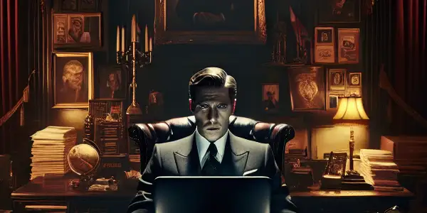 A conflicted official in a grand office grapples with temptation amid symbols of power and authority.