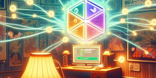 A cozy, dimly-lit room featuring vintage Japanese AV posters, a modern computer, and cultural elements like green tea and bonsai.