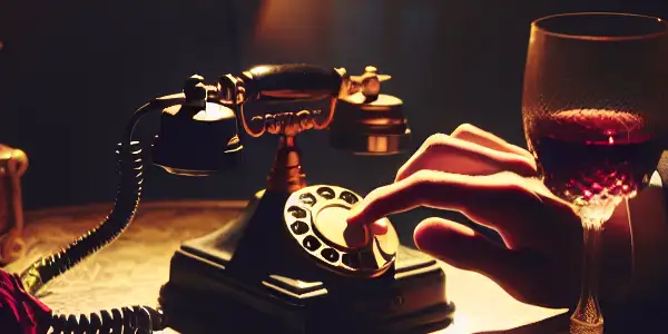 Intimate phone call scene in a dimly lit room with a vintage rotary phone, rose petals, and a shadowy silhouette.