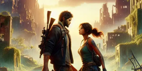 A vibrant post-apocalyptic landscape with crumbling buildings, lush greenery, and characters expressing intimacy amidst chaos.