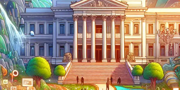 A vibrant fantasy realm featuring a grand palace, diverse landscapes, and playful elements representing adult film genres.