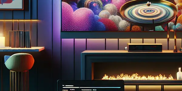 A modern living room with ambient lighting, featuring a TV, stylish furniture, and elements hinting at adult entertainment.