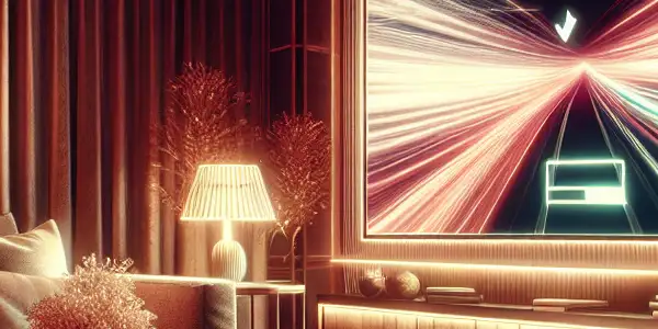 A cozy living room with a high-definition screen displaying a streaming app for Japanese adult films.