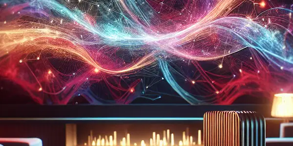 A cozy home theater showcasing a vibrant Japanese AV film with advanced tech for enhanced viewing.