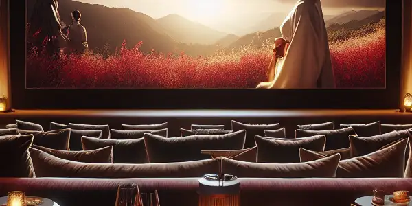 A luxurious home theater scene with plush seating, warm lighting, and elegant elements hinting at Japanese AV culture.