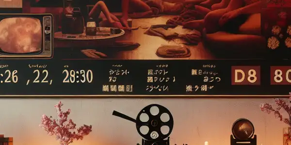 A cozy, intimate viewing room with soft lighting, a vintage projector, and sensual decor for a relaxing atmosphere.