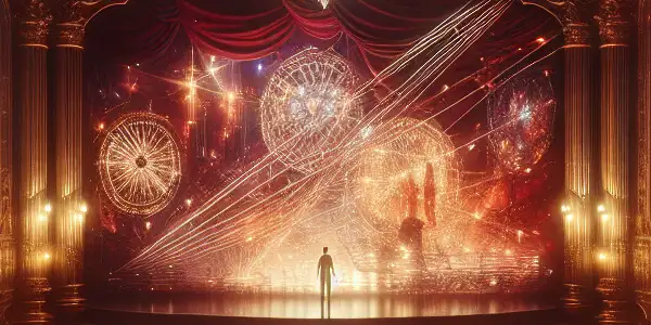 A luxurious theater scene featuring diamond-like visuals and silhouettes of stars, embodying Japanese adult film culture's allure.