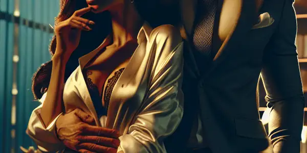 A romantic scene in a luxurious office with two characters showcasing chemistry and emotional depth.