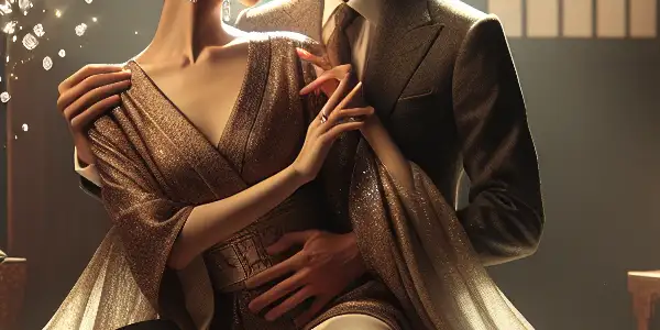 A passionate couple embraces in a luxurious room, surrounded by elegant decor and soft, ambient lighting.