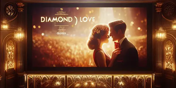 A luxurious adult movie theater featuring plush red seats, golden lighting, and a romantic film on screen.