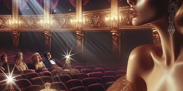 A glamorous actress in a luxurious theater, surrounded by diamond motifs and an opulent, seductive atmosphere.