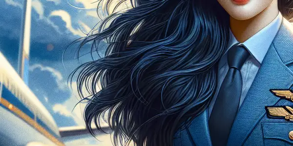 A glamorous female pilot in a stylish uniform stands confidently beside a sleek aircraft at a vibrant airport.