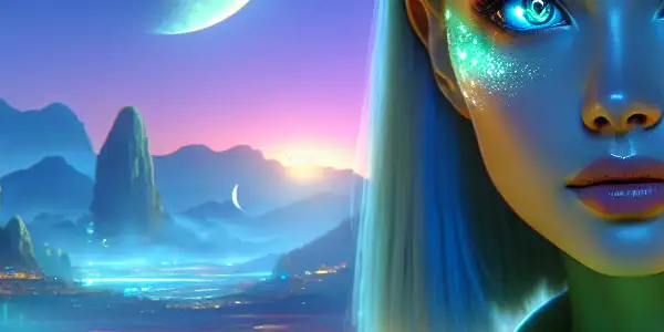 An extraterrestrial girl with luminescent skin in a vibrant sci-fi landscape featuring floating islands and a starry sky.