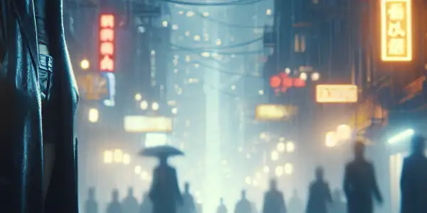 A somber urban alley in autumn, featuring a contemplative woman amidst rain and scattered leaves, reflecting emotional turmoil.