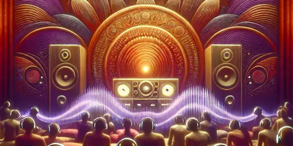 A cozy room with diverse figures enjoying an immersive audio storytelling experience, surrounded by abstract erotic art.