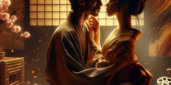 A passionate couple in a dimly lit, elegantly decorated Japanese room, embodying romance and sensuality.