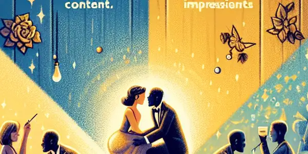 A split-scene illustrating the contrast between romantic erotic films and explicit pornography.