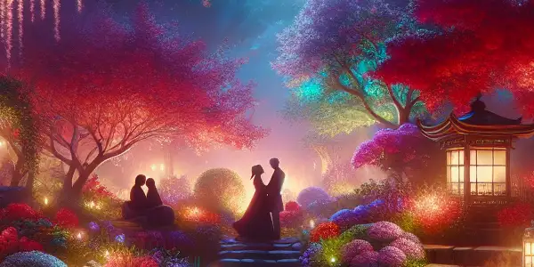 A romantic garden with vibrant flowers, a serene pond, and subtle silhouettes of couples in a tranquil setting.