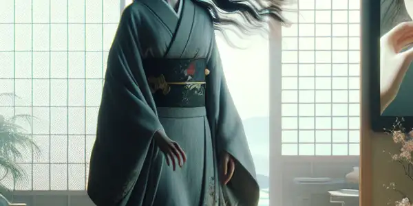 A serene scene featuring a graceful female figure amidst elements of Japanese culture and adult film themes.