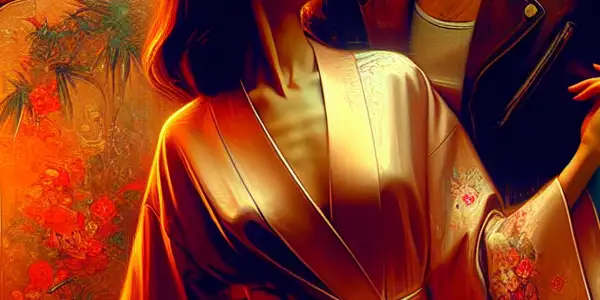 A couple embraces in a dimly lit room, surrounded by cherry blossoms and romantic nicknames.