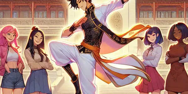 A vibrant university courtyard scene with a heroic martial artist surrounded by admiring female characters under blooming cherry blossoms.