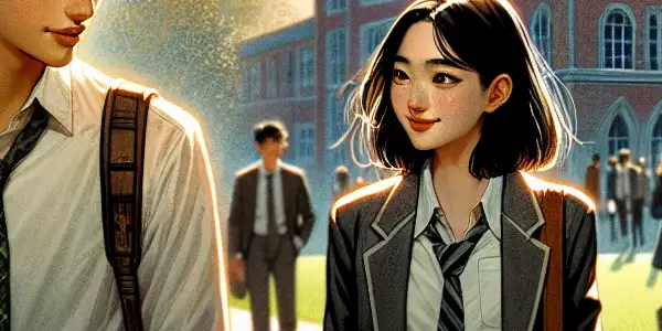 Two students share a playful, secretive moment on a vibrant college campus during late afternoon.