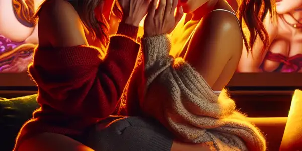 Two close female friends share secrets on a cozy sofa during a vibrant movie night in a warmly lit living room.