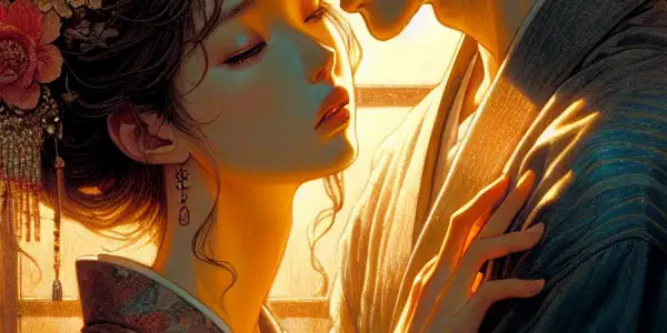 A couple shares an intimate gaze in a dimly lit room, surrounded by romantic elements and warm colors.