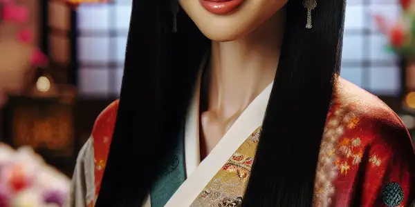 A captivating portrait of a fictional Japanese film star in a stylish kimono-inspired outfit, set in an elegant, intimate room.