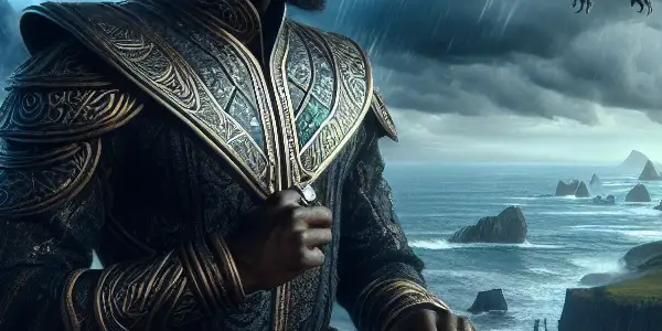 A heroic Viking warrior on a cliff, surrounded by a dragon and Valkyrie, against a stormy sea.