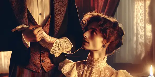 A lavish Victorian drawing room with a flirtatious couple, blending classic romance and modern erotic themes.